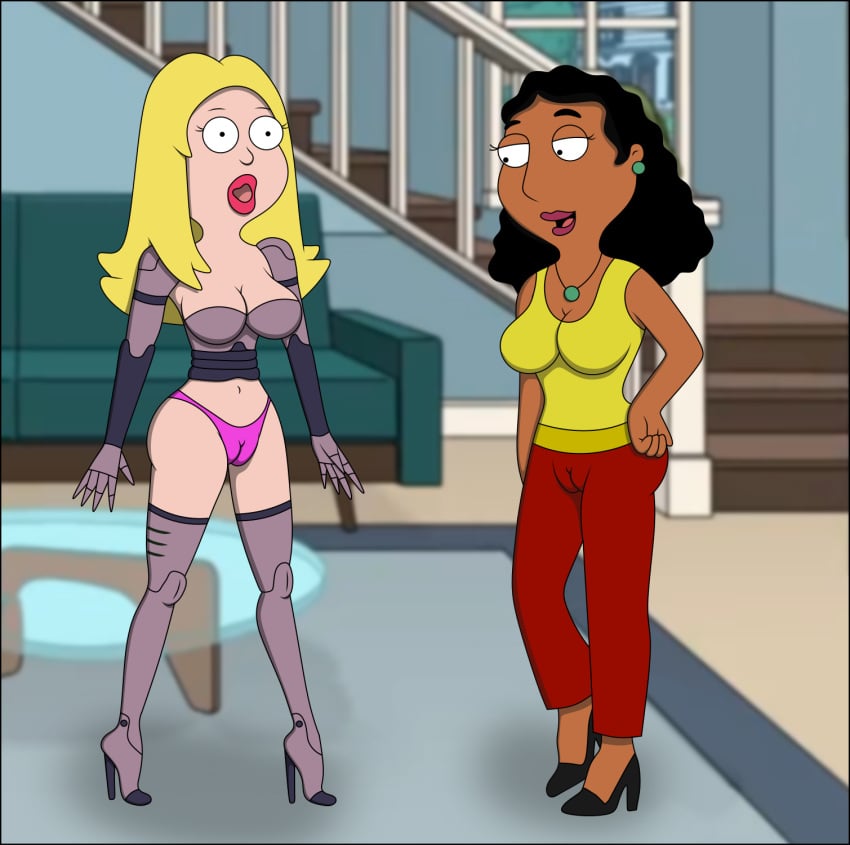 american_dad arabian arabian_female blonde_hair bra cameltoe female female_only francine_smith gwendolyn gwendolyn_(rick_and_morty) high_heels iranian linda_memari panties pants pink_panties rick_and_morty robot robot_girl room sex_robot sexfightfun smile smiley_face t-shirt yuri