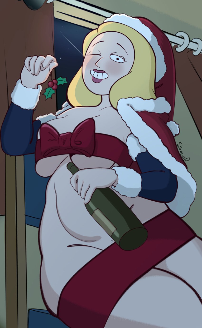 alternate_version_available artist_name beth_smith blonde_hair blush christmas female_only holly_(plant) human long_hair no_visible_genitalia one_eye_closed pubic_hair red_berries ribbon_bondage ribbons rick_and_morty santa_hat sitrusimp sitting solo spiky_leaves toony wine