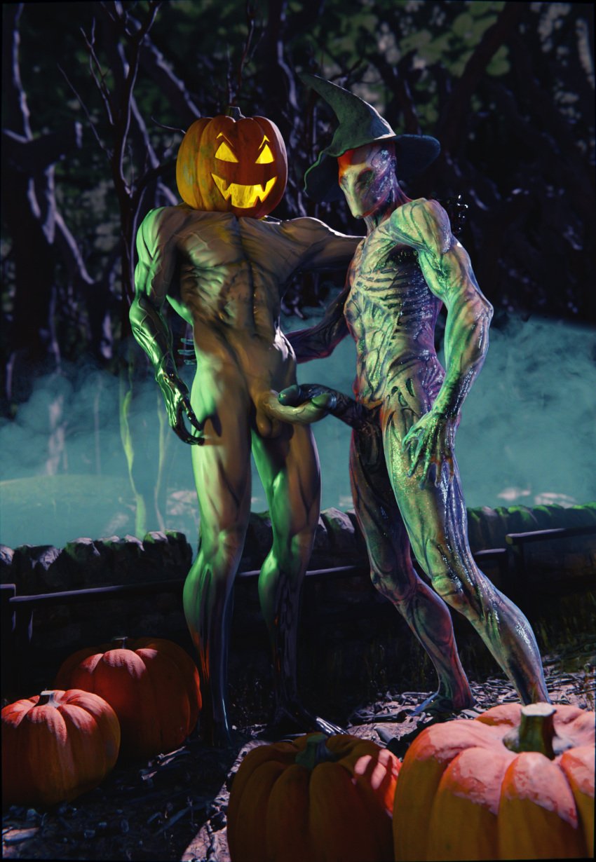 3d_(artwork) alien digital_media_(artwork) duo erection food frottage fruit gay genitals halloween hi_res holidays humanoid jack-o'-lantern looking_at_viewer male male/male monster mortal_shell muscular not_furry nude outlast penis plant pumpkin pumpkin_head ralic_turman red_barrels spirit video_games walrider