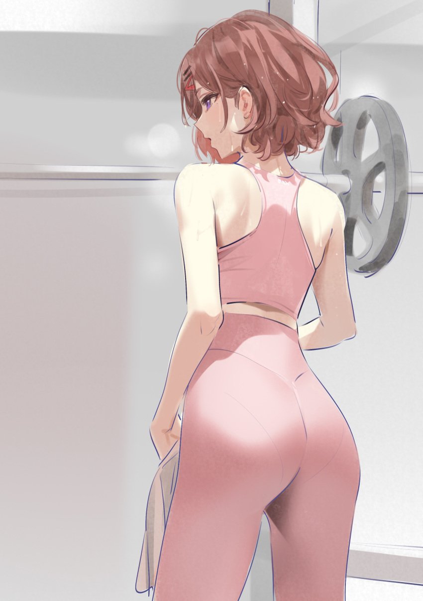 1girls after_workout ass bangs bangs_between_eyes brown_hair brunette brunette_hair from_behind gym hair_accessory hair_between_eyes hair_ornament hairclip hairclips higuchi_madoka idolmaster leggings pink_leggings pink_legwear pink_sports_bra purple_eyes short_hair sports_bra sportswear sweat the_idolm@ster yang-do yd_(orange_maru) yoga_pants