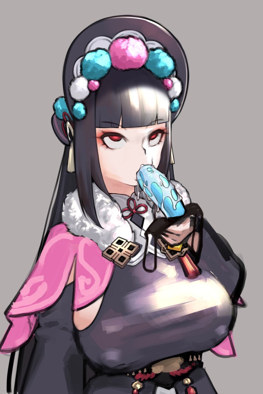 1girls big_breasts big_dildo black_hair breasts clothed clothed_female deepthroat dildo dildo_gag dildo_mask dildo_reveal drool drooling female female_only gag genshin_impact huge_breasts large_breasts mask red_eyes rod.wel saliva yun_jin_(genshin_impact)