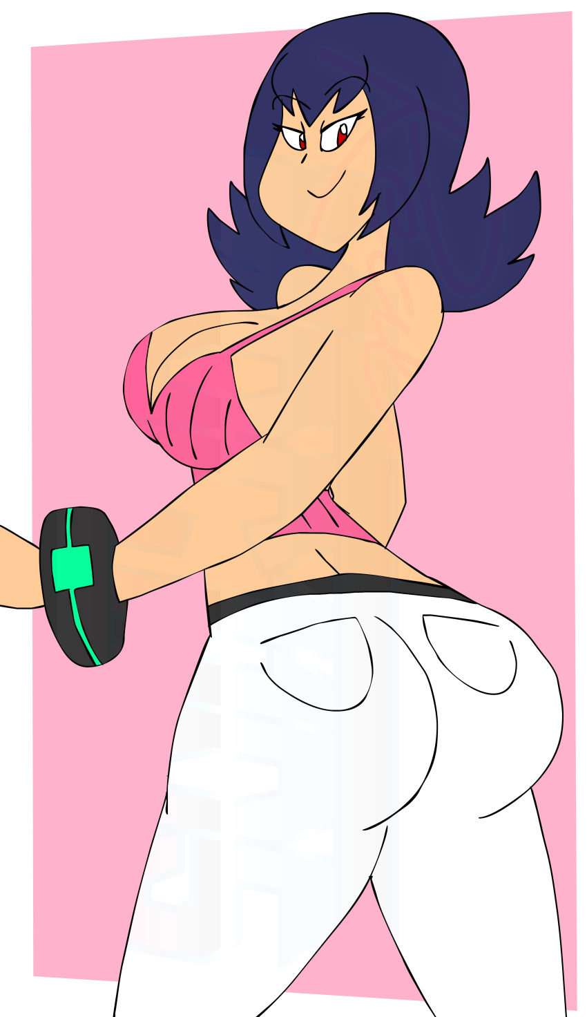 ass blue_hair bracelet breasts crop_top legwear light-skinned_female light_skin madoldcrow1105 pink_crop_top pokemon pokemon_hgss pokemon_rgby sabrina_(pokemon) sabrina_(pokemon_hgss) short_hair smiling spaghetti_strap thighs voluptuous