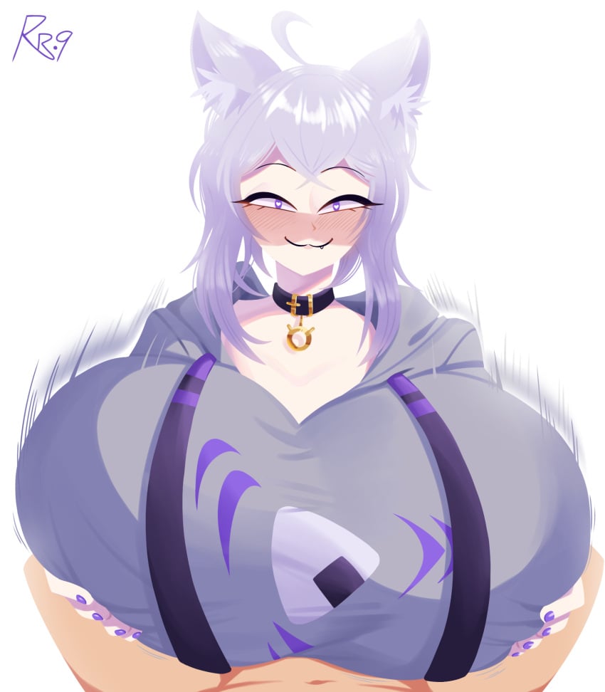 1girls alternate_breast_size big_breasts breasts cat_ears catgirl color fang female gigantic_breasts hololive huge_breasts large_breasts light-skinned_female light-skinned_male light_skin looking_at_viewer male male_pov nekomata_okayu paizuri paizuri_lead_by_female paizuri_on_lap paizuri_under_clothes paizuri_with_gigantic_breasts pov purple_eyes sitting snesti straight virtual_youtuber white_hair