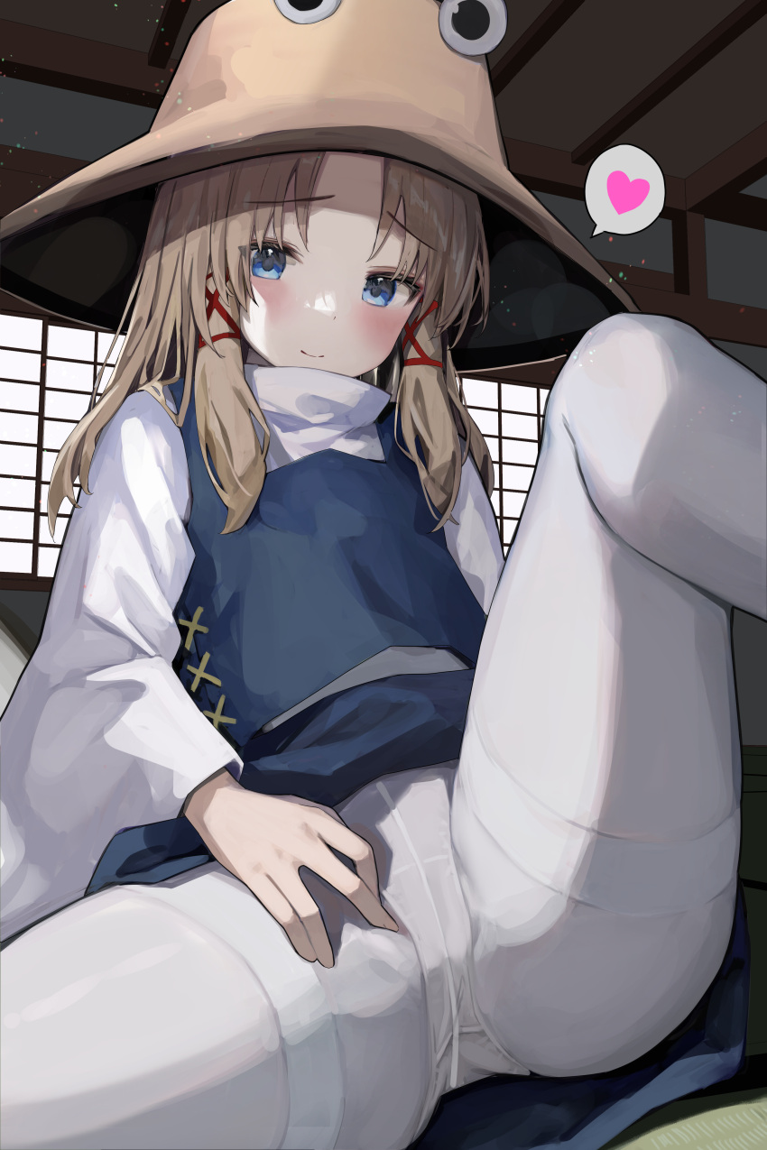 absurdres ass blonde_hair blue_eyes blush closed_mouth commentary_request female hair_ribbon hat heart highres indoors light_smile looking_at_viewer mamemochi medium_hair moriya_suwako panties panties_under_pantyhose pantyhose ribbon sitting smile solo spoken_heart spread_legs spread_pussy_under_clothes suwako_moriya tatami tights_day touhou underwear white_panties white_pantyhose window