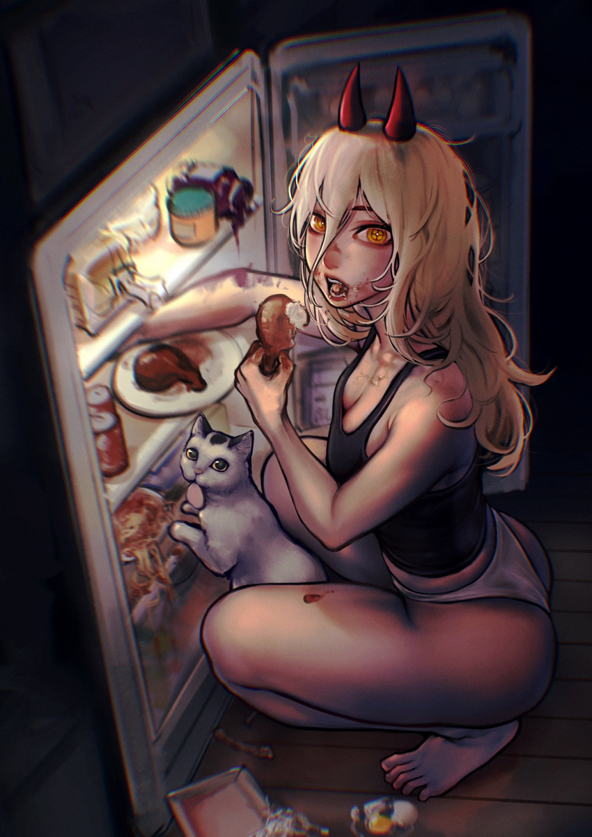 1girls ass ayaki777 blonde_hair breasts cat chainsaw_man chicken cleavage demon demon_girl demon_horns eating feet food fridge looking_at_viewer meowy_(chainsaw_man) night panties power_(chainsaw_man) squatting tank_top thick_thighs toes