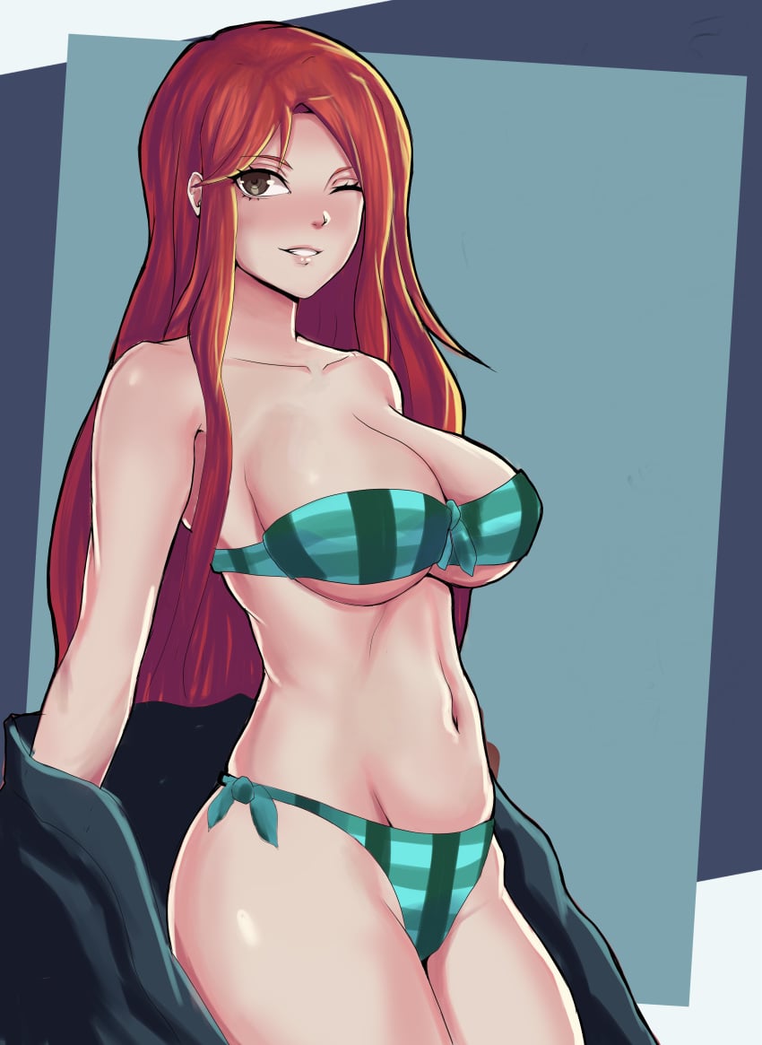 1girls bandeau_bikini big_breasts breasts brown_eyes busty cleavage female female_only grin highres juliette_(murgoten) large_breasts legs looking_at_viewer murgoten navel one_eye_closed parted_lips red_hair smile solo thighs voluptuous wink