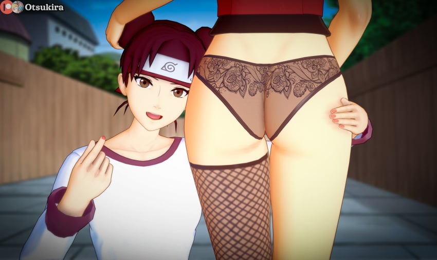 2girls ass bottomless bottomless_female brown_eyes brown_hair double_bun faceless_female female female_focus female_only fishnets hair_bun head_out_of_frame headband koikatsu konohagakure_symbol kunoichi legs_together lingerie lower_body multiple_girls naruto naruto_(series) naruto_shippuden ninja open_mouth open_smile otsukira out_of_frame panties presenting presenting_ass presenting_hindquarters presenting_partner see-through see-through_panties shirt single_thighhigh temari tenten transparent transparent_panties underwear yuri