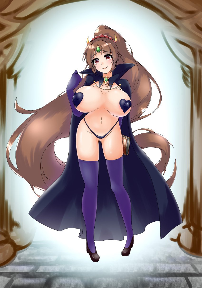 1girls 1ki_do absurdly_long_hair black_panties blue_panties book breasts brown_eyes brown_hair cape covered_nipples elbow_gloves female female_only fire_emblem fire_emblem:_mystery_of_the_emblem fire_emblem:_shadow_dragon_and_the_blade_of_light gloves large_breasts linde_(fire_emblem) long_hair looking_down nintendo open_mouth panties pasties ponytail smile solo thong topless underwear very_long_hair