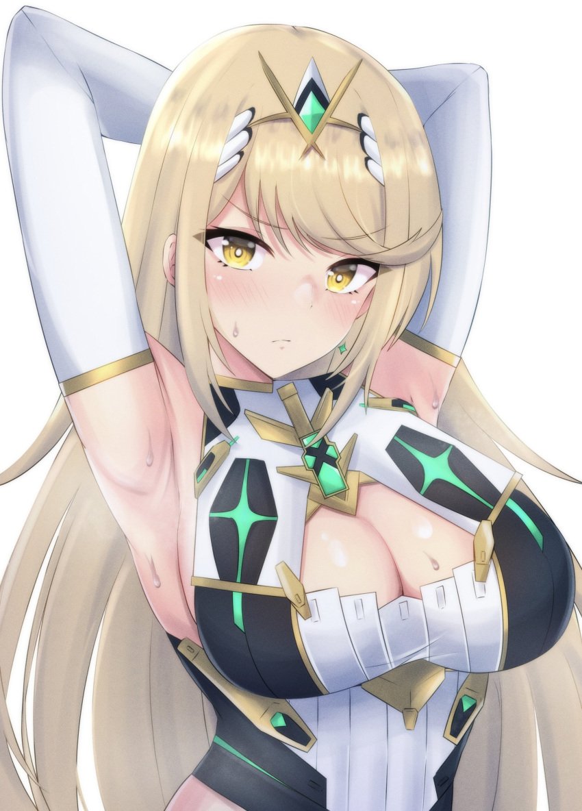 1girls armpit_fetish armpits arms_behind_head big_breasts blonde_hair blush breasts busty cleavage cleavage_cutout clothing_cutout core_crystal female female_only highres large_breasts latte_daruta2 looking_at_viewer mythra nintendo pose posing sexy_armpits solo sweat xenoblade_(series) xenoblade_chronicles_2 yellow_eyes