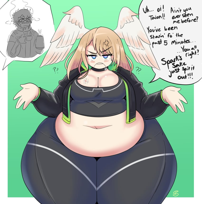 1boy 1boy1girl 1girls 2022 anger_vein angry bbw belly big_breasts blue_eyes blush bottom_heavy breasts brown_hair chubby chubby_female cleavage deep_navel english english_text eunie_(xenoblade) fat female female_focus glasses hips huge_belly huge_thighs male navel nervous nervous_sweat plump scringee short_hair speech_bubble steam sweat sweatdrop sweating taion_(xenoblade) text thick_thighs thighs tummy wide_hips wings wings_on_head xenoblade_(series) xenoblade_chronicles_3