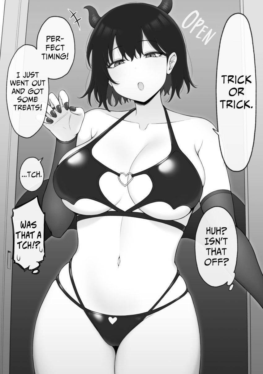 1girls bikini black_and_white black_hair breasts demon demon_girl demon_horns english_text female halloween halloween_costume heart large_breasts looking_at_viewer original original_character otonari short_hair solo step-siblings step_sister succubus succubus_costume