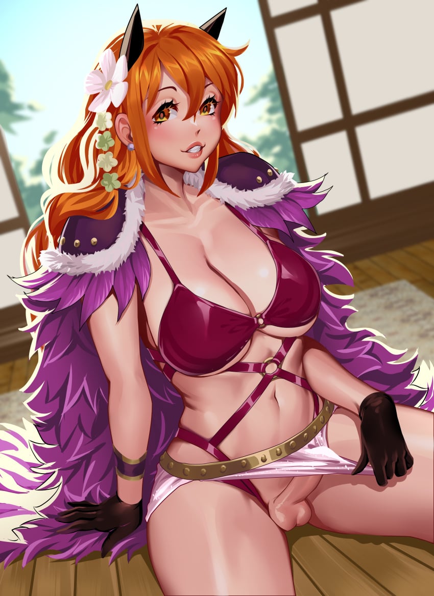 1futa balls ballsack beast_pirates beast_pirates_(cosplay) belt big_breasts big_penis bottomless cleavage clothed clothing covered_head draltruist erection flowers_in_hair futa_only futanari gloves horns huge_breasts human light-skinned_futanari light_skin loincloth loincloth_lift long_hair mostly_nude nami one_piece orange_eyes orange_hair penis penis_under_loincloth post-timeskip shoulder_pads sitting solo teasing_viewer teeth