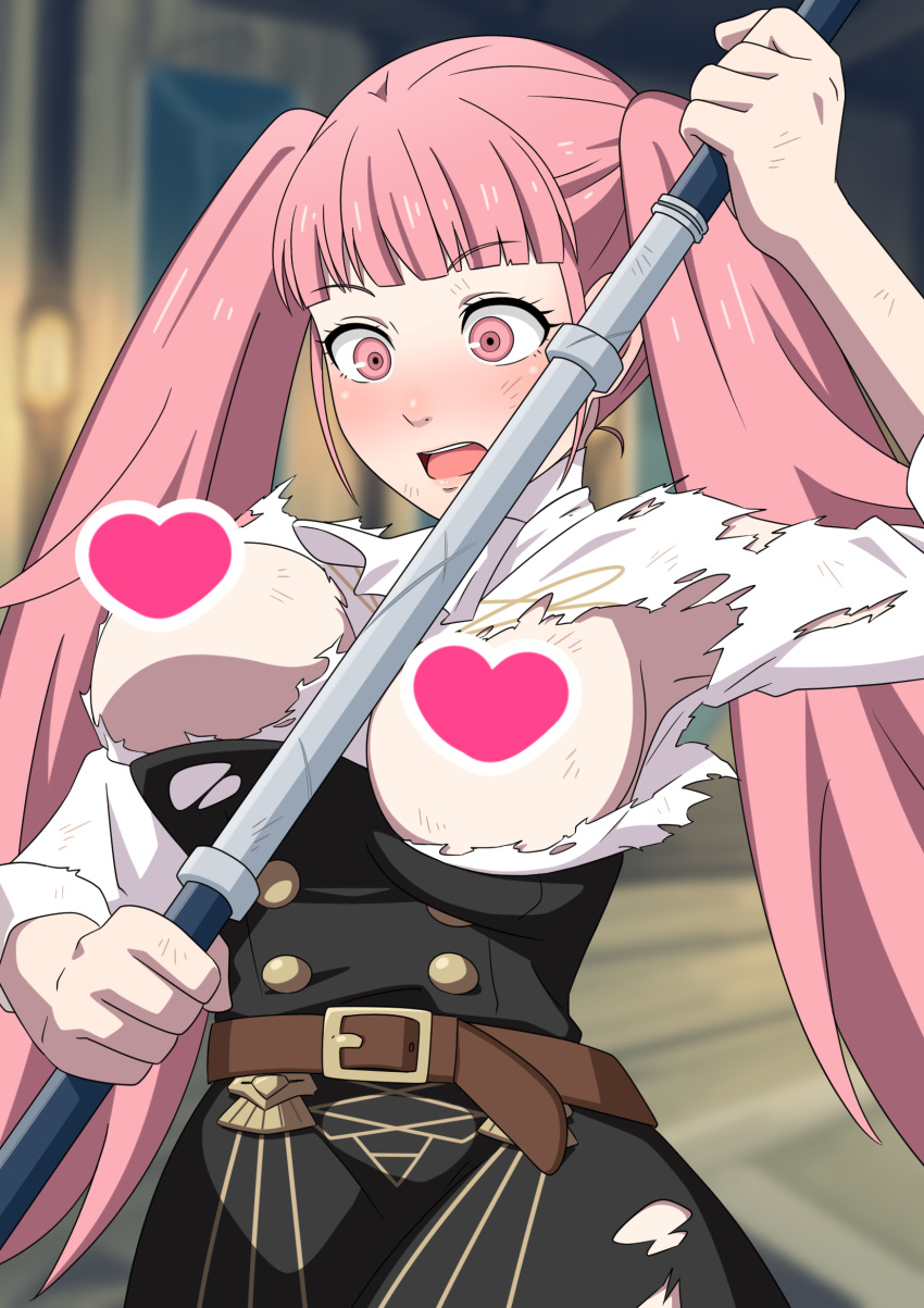 1girls accidental_exposure axe bangs blush bouncing_breasts breasts breasts_out censored embarrassed exposed_breasts female female_only fire_emblem fire_emblem:_three_houses garreg_mach_monastery_uniform hilda_valentine_goneril kyodori_(oyogume) large_breasts long_hair nintendo open_mouth pink_eyes pink_hair shocked solo twintails weapon