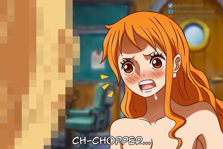 1girls blush censored electricshark female long_hair male nami one_piece open_mouth orange_eyes orange_hair penis post-timeskip saliva tony_tony_chopper