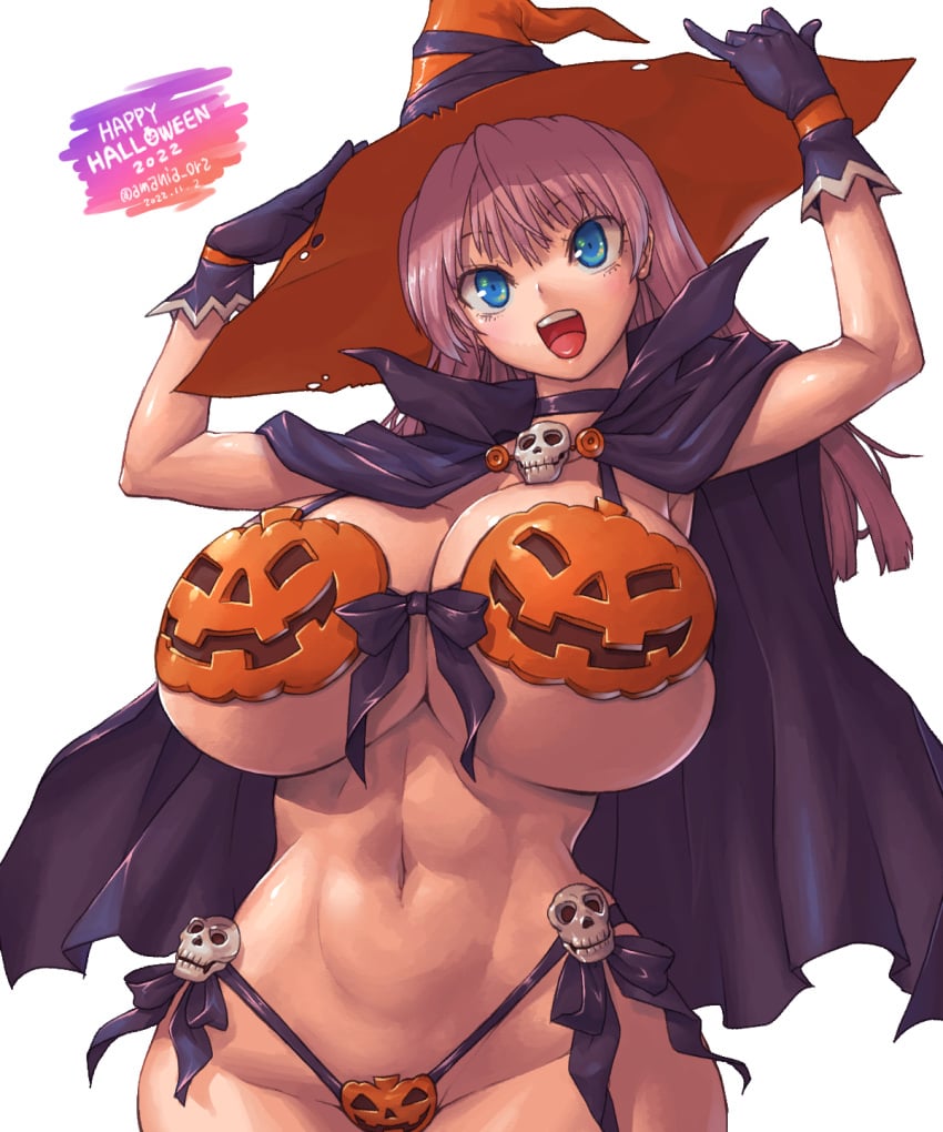 1girls amania_orz artist_name artist_signature bakunyuu bangs bare_shoulders belly_button black_cape blue_eyes blue_eyes_female blush breasts breasts_bigger_than_head bursting_breasts cape cleavage clothed clothed_female collarbone curvaceous dated english_text eyebrows_hidden_by_hair female female_only hair_between_eyes halloween halloween_2022 halloween_costume halloween_pumpkin happy_halloween hat hi_res high_resolution highres hourglass_figure huge_breasts light-skinned_female light_skin linea_alba long_hair long_pink_hair looking_at_viewer navel open_mouth original overflowing_breasts pink_hair pink_hair_female plain_background printed_bikini pumpkin_bikini pumpkin_bra pumpkin_pasties pumpkin_print simple_background skindentation skull skull_print skull_print_bikini smile smiling_at_viewer solid_color_background solo solo_female standing swimsuit tongue top_heavy_breasts twitter twitter_username upper_teeth voluptuous voluptuous_female white_background witch witch_costume witch_hat