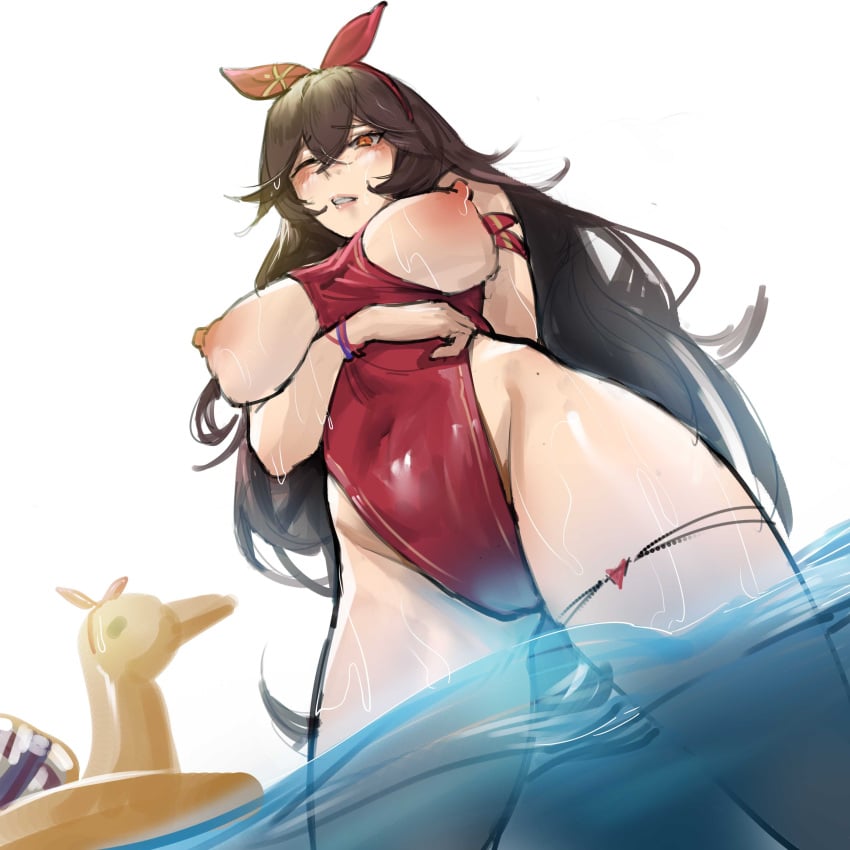 amber_(genshin_impact) areolae big_breasts big_thighs breasts busty erect_nipples genshin_impact huge_breasts huge_thighs hvvt large_breasts large_thighs long_hair nipples one_eye_closed swimsuit thick_thighs thighs yi_zhi_ai_xi