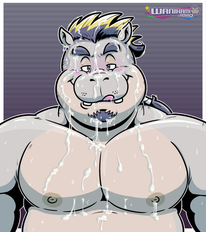 anthro bodily_fluids chubby_male common_hippopotamus cum cum_covered cum_on_chest cum_on_face drooling genital_fluids hi_res highlights_(coloring) hippopotamid licking licking_lips male mammal messy musclegut muscular muscular_male nipples pecs saliva slightly_chubby smile smiling_at_viewer solo sweat tongue tongue_out wanikami