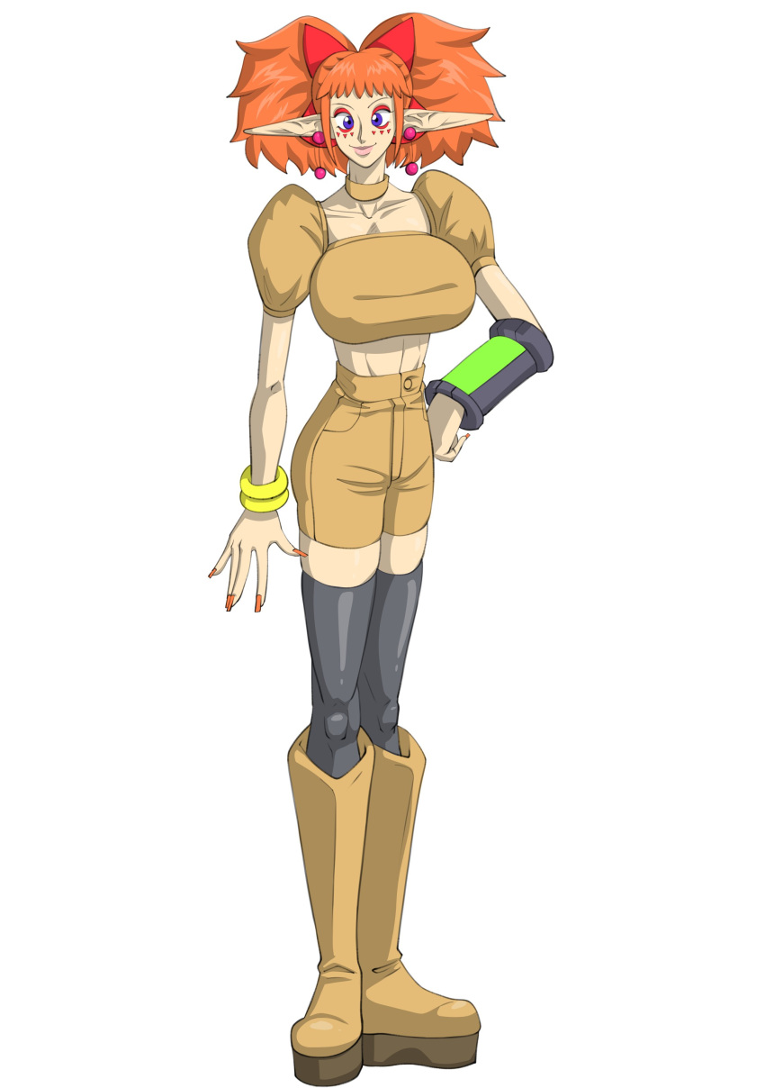 1girls 2022 boots bow breasts clothed clothing ebi-chan_(nobumasa) elf face_markings female female_only full_body fully_clothed huge_breasts humanoid looking_at_viewer medium_hair nobumasa orange_hair pointy_ears solo standing twintails