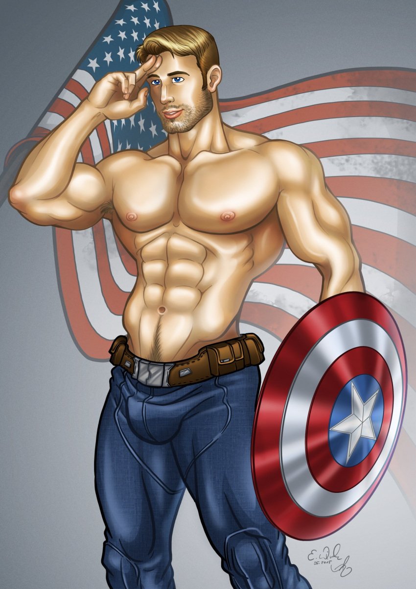 2015 actor american_flag asmodis_(artist) bulge captain_america captain_america's_shield captain_america_(series) celebrity chris_evans human human_only in_character jeans male male_only marvel marvel_cinematic_universe muscular muscular_male saluting shield shirtless_male steve_rogers