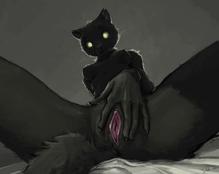 2022 5_fingers anthro black_body black_fur breasts digital_media_(artwork) domestic_cat felid feline felis female fingers fur genitals green_eyes hi_res mammal pussy slate_(artist) solo