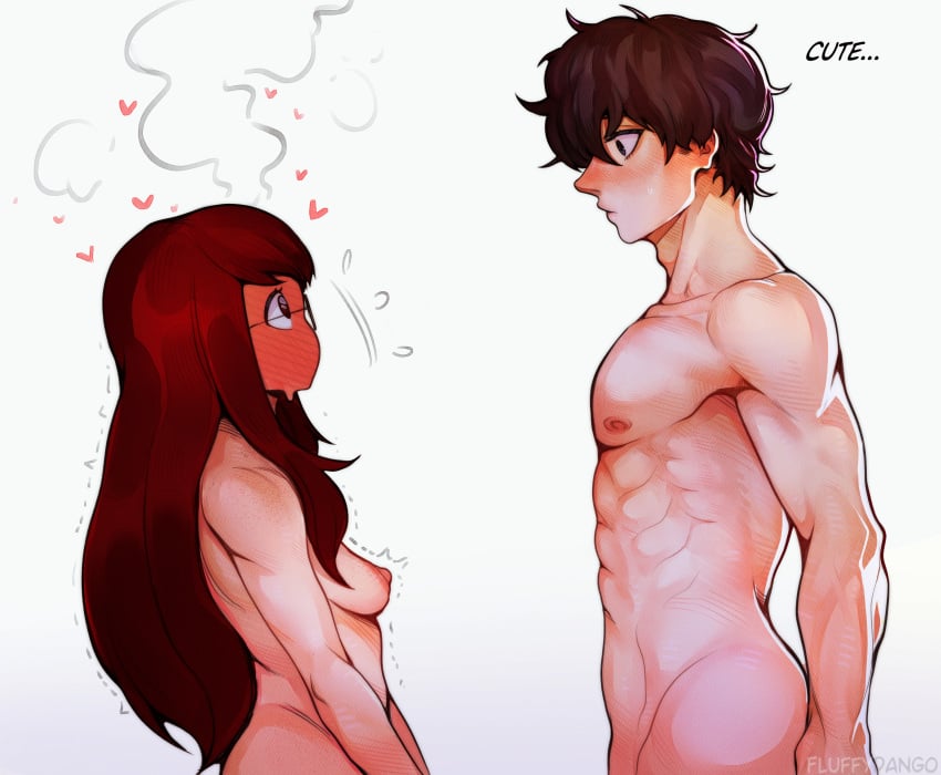 1boy 1female 1girls 1male abs absurdres akira_kurusu atlus black_hair blush blushing breasts chest completely_nude deep_blush english_text eye_contact female fluffydango flustered flying_sweatdrops from_side full-face_blush glasses head_steam heart hearts heavy_blush highres joker_(persona) kasumi_yoshizawa long_hair looking_at_another male_chest megami_tensei muscular muscular_male nipples nude persona persona_5 persona_5_royal red_hair ren_amamiya small_breasts sumire_yoshizawa text trembling wholesome