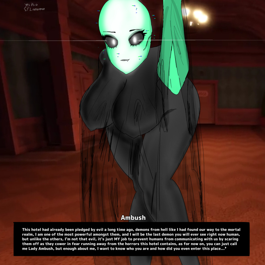 10_feet 1girls ambush_(doors) arms_up ass big_breasts black_eyes demon demon_girl depthdoors doors_(roblox) ghost ghost_girl giantess glowing_eyes green_skin humanized pov roblox roblox_game self_upload sharp_teeth smile taller_female thick_thighs thin_clothing transparent_clothing