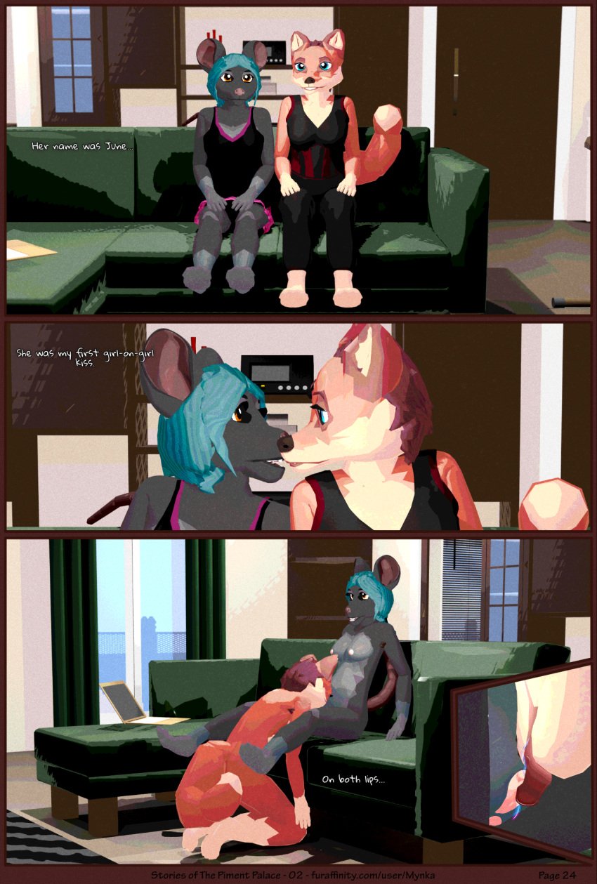 3d_(artwork) ambiguous_gender anthro bodily_fluids breasts canid canine clothed clothing comic cunnilingus dialogue digital_media_(artwork) duo english_text fellatio female fox furaffinity_username furniture genitals head_in_crotch hi_res humanoid_genitalia humanoid_pussy kissing kneeling kneeling_oral_position livingroom mammal mouse murid murine mynka nipples nude oral page_24 penile pussy raelynn_(mynka) rodent romantic romantic_couple romantic_sex saliva sex sitting sofa text tongue vaginal_penetration