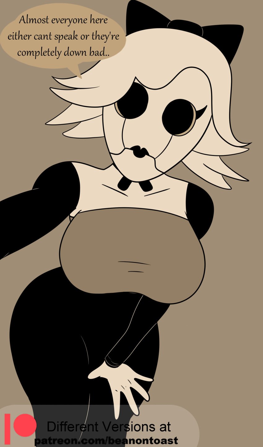 beanontoast bendy_and_the_dark_revival bendy_and_the_ink_machine betty_(bendy_and_the_dark_revival) big_breasts bow clothed doll down_bad emotionless empty_eyes female lipstick speech speech_bubble text thick_thighs