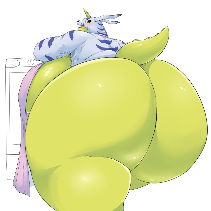 2022 absurd_res animal_skin anthro apron apron_only ass bandai_namco big_breasts big_butt blue_stripes blush breasts butt_focus clothing cute_fangs digimon digimon_(species) female fur gabumon glistening hi_res horn huge_breasts huge_butt huge_thighs looking_at_viewer looking_back mostly_nude obese open_mouth orange_eyes overweight portrait saintdraconis short_tail side_boob simple_background solo standing stripes thick_thighs three-quarter_portrait white_body white_fur wide_hips yellow_body