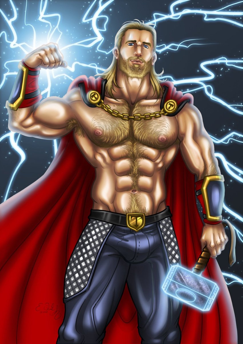 1boy abs actor asmodis_(artist) blond_hair blond_hair_male blonde_hair_male bulge cape celebrity chris_hemsworth flexing flexing_bicep gold_chain hair_down hairy hairy_abs hairy_chest hairy_pecs happy_trail human human_only in_character jeans light-skinned_male light_skin lightning long_hair_male male male_only marvel marvel_cinematic_universe mjolnir muscles muscular muscular_male red_cape shirtless shirtless_male solo thor_(marvel) thor_(series) topless topless_male