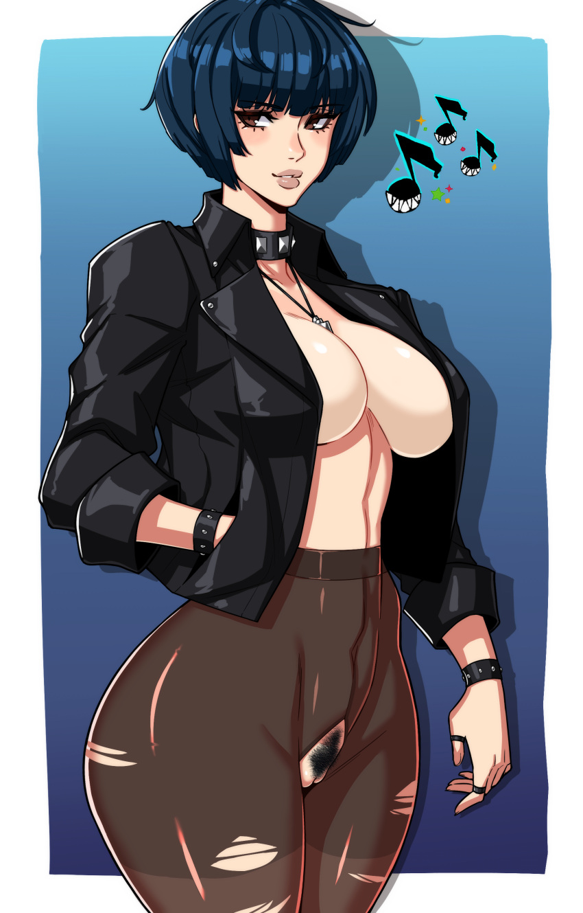 1girls absurdres alecto_0 bangs between_breasts big_breasts black_hair black_jacket blue_background breasts brown_eyes brown_lips brown_pantyhose busty cleavage collar covered_navel cowboy_shot crotchless crotchless_pantyhose curvy eyelashes female female_pubic_hair hand_in_pocket high-waist_pantyhose highres jacket jewelry large_breasts leather leather_jacket looking_at_viewer multiple_rings musical_note no_bra no_pants no_shirt open_jacket outside_border pantyhose pendant persona persona_5 pubic_hair pussy ring seductive sensual short_hair sleeves_pushed_up smile solo standing studded_bracelet studded_collar tae_takemi thick_thighs thighs thumb_ring torn_pantyhose uncensored voluptuous