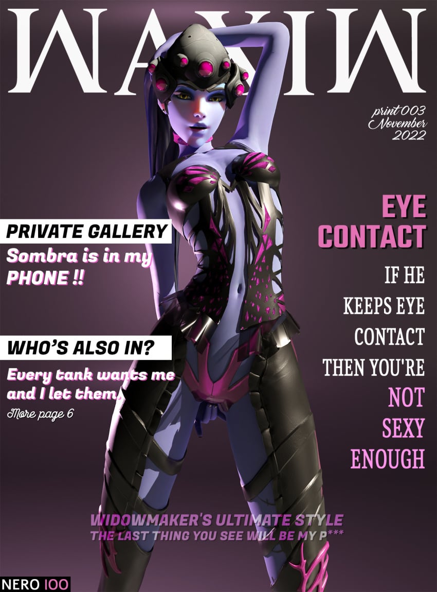 1girls 3d ass big_breasts blender blizzard_entertainment breasts chest collar dark_hair eye_contact female female_only fingering front_page hi_res legs lipstick looking_at_viewer magazine magazine_front_page makeup medium_breasts nails nero100 overwatch overwatch_2 pose purple purple_hair purple_skin solo solo_female thighs waxiw widowmaker