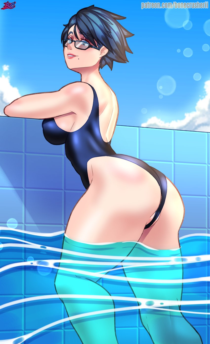 1girls ass bayonetta bayonetta_(character) bayonetta_2 big_ass bonecrusherii female glasses one-piece_swimsuit platinum_games pool poolside sega short_hair swimming swimming_pool swimsuit swimwear water