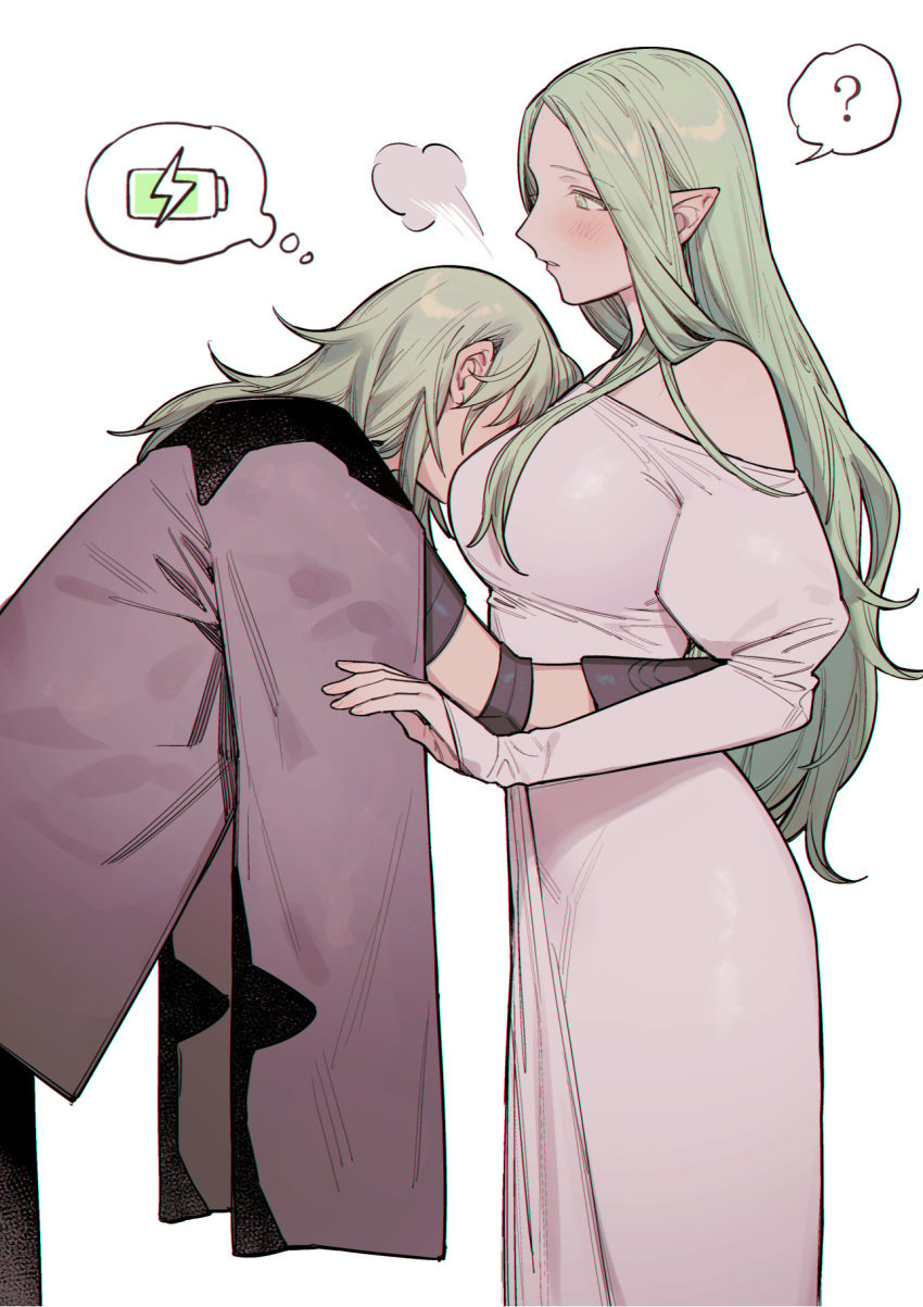 2girls ? alternate_hair_color bare_shoulders battery_indicator blush breast_pillow breast_smother breasts byleth_(fire_emblem) byleth_(fire_emblem)_(female) commentary_request dress enlightened_byleth_(female) face_to_breasts female female_only fire_emblem fire_emblem:_three_houses from_side green_eyes green_hair grey_jacket highres ikarin jacket large_breasts long_hair looking_at_another multiple_girls nintendo off-shoulder_dress off_shoulder older_female parted_lips pointy_ears rhea_(fire_emblem) simple_background speech_bubble spoken_question_mark thought_bubble very_long_hair white_background white_dress yuri