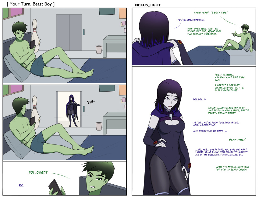 beast_boy comic dc dc_comics dialogue femsub gray_hair green_hair grey_body hypnosis male/female maledom mind_control nexus_light purple_hair raven_(dc) straight teen_titans text