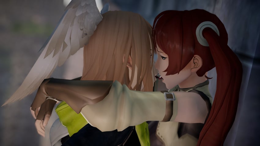 2girls 3d 3d_(artwork) against_wall arms_around_neck black_jacket blue_eyes brown_hair commission crossover eunie_(xenoblade) exaltedbrand eyes_half_open female_only fire_emblem fire_emblem_awakening hands_on_ass head_wings high_entia holding_partner kissing legs_around_partner legs_wrapped_around_partner lesbian_kiss nintendo red_hair severa_(fire_emblem) standing tongue tongue_kiss twintails xenoblade_(series) xenoblade_chronicles_3 yuri