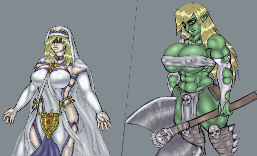 1girls abs arm_sleeves artist_request axe bare_shoulder before_and_after big_breasts big_lips blindfold blindfolded blindfolded_female blonde_hair breast_expansion breasts corruption dress fangs female female_only goblin goblin_female goblin_slayer goblinification gold_eyes green_skin grey_loincloth grey_top huge_breasts human loincloth long_fingerless_glove long_hair muscular muscular_arms muscular_female muscular_legs muscular_thighs necklace nipple_bulge nipples_visible_through_clothing nun_hat ripped_sleeves skin_color_change skull_necklace skull_ornament species_transformation stockings sword_maiden_(goblin_slayer) thick_hips thick_thighs thigh_expansion transformation wide_hips yellow_eyes