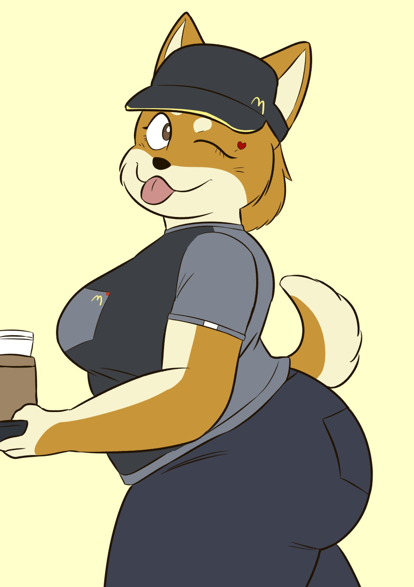 anthro big_breasts breasts canine clothed clothing doge female fur furry furry_only heart slightly_chubby solo tagme tail thick_thighs tongue tongue_out toonarscontent wink