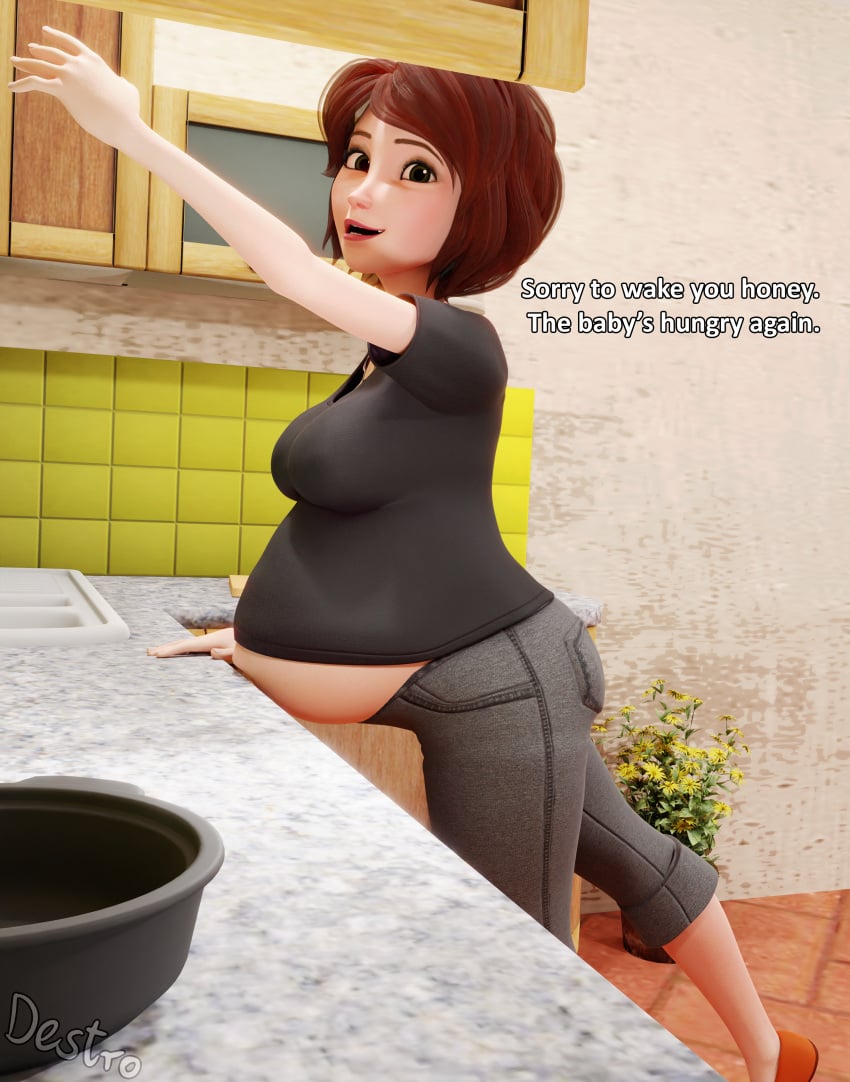 1girls 3d alternate_breast_size belly big_belly big_breasts big_hero_6 breasts brown_hair cass_hamada female hdddestroyer marvel marvel_comics pregnancy_cravings pregnant text