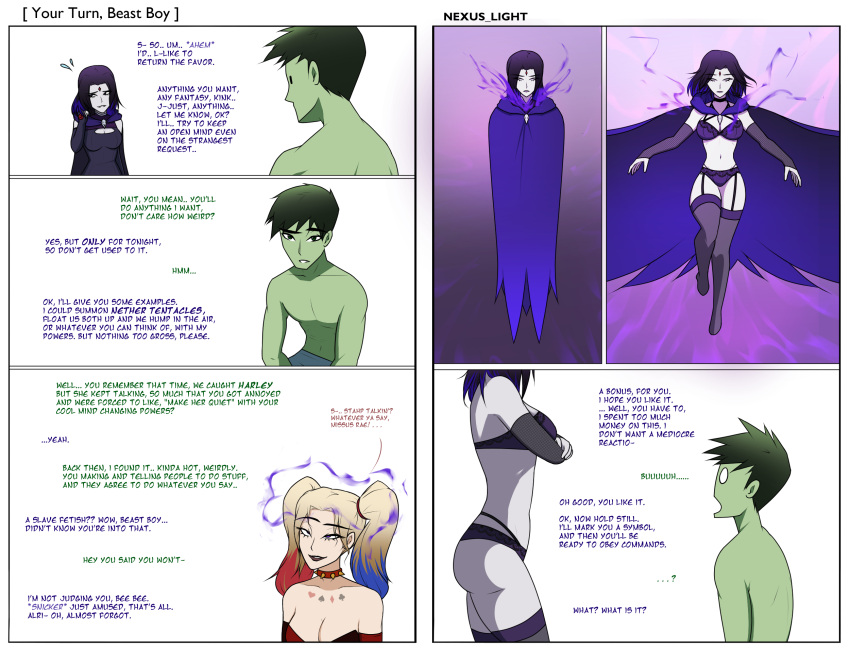 beast_boy bikini breasts comic dc dc_comics dialogue female femsub gray_hair green_hair grey_body harley_quinn hypnosis maledom mind_control nexus_light purple_hair raven_(dc) teen_titans text undressing