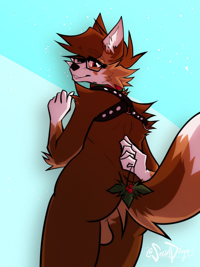 absurd_res anthro ass balls canid canine canis domestic_dog genitals hi_res male male/male mammal mistletoe plant secretdwagon solo