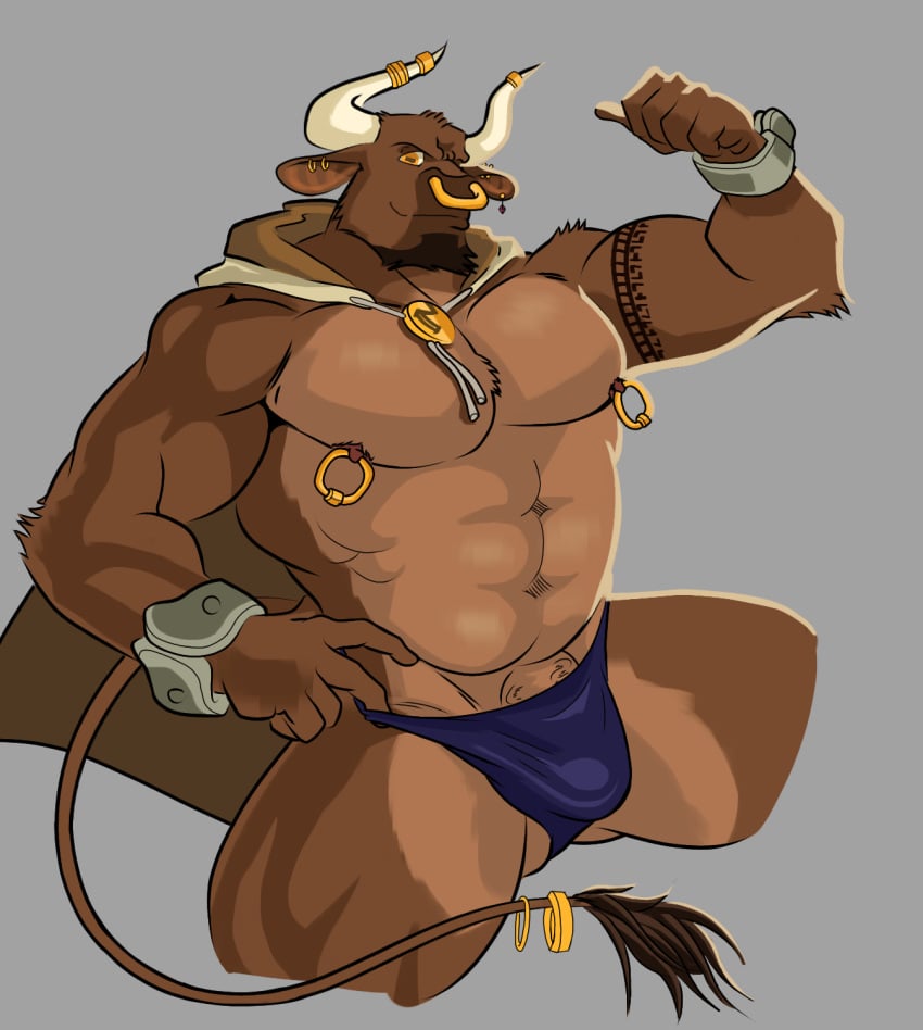 anthro arm_tattoo blue_clothing blue_underwear bovid bovine brown_body brown_fur bulge cattle clothed clothing european_mythology facial_piercing flexing fur greek_mythology hi_res horn humanoid lazydoggo male mammal minotaur musclegut muscular mythology nipple_piercing nipples nose_piercing nose_ring partially_clothed piercing ring_piercing solo tail_motion tattoo underwear