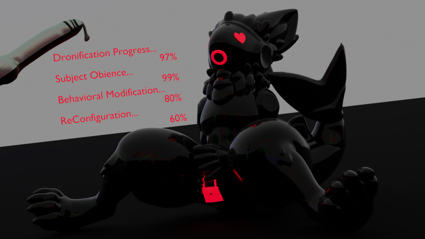 <3_eyes 1nar 3d :o ambiguous_gender anthro bodily_fluids clothing drone dronification genital_fluids genitals heart hi_res latex living_toy machine null_bulge open_mouth penis precum protogen rubber rubber_clothing rubber_suit shark_tail solo tight_clothing