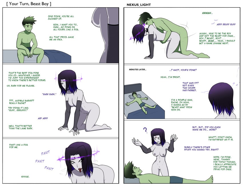 beast_boy bikini brainwashing breasts comic dc dc_comics dialogue doggy_style femsub gray_hair green_hair grey_body hypnosis maledom mind_control nexus_light purple_hair raven_(dc) sex sex_from_behind teen_titans text