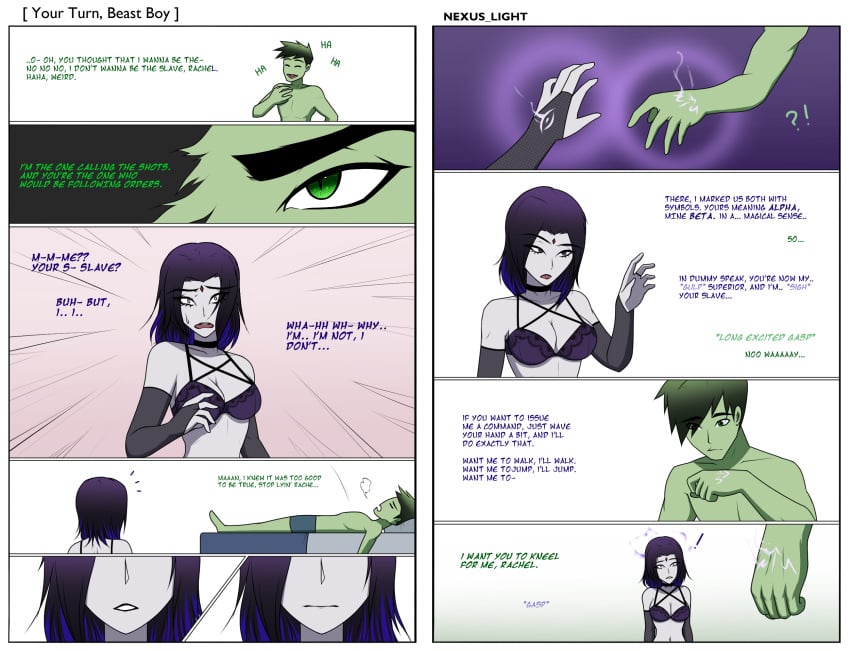 beast_boy bikini brainwashing breasts comic dc dc_comics dialogue femsub gray_hair green_hair grey_body hypnosis maledom mind_control nexus_light purple_hair raven_(dc) teen_titans text