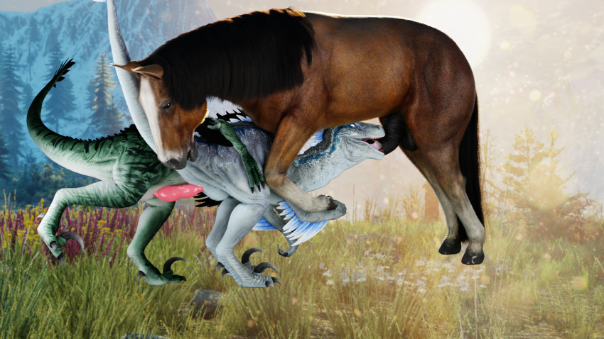 1girls 2boys 3d_horsey_3d animal_genitalia animal_penis ark_survival_evolved ass blue_(jurassic_world) dinosaur dromaeosaurid equid equine equine_penis erection female genitals group hi_res horse interspecies jurassic_park jurassic_world male male/female mammal penis pussy reptile scalie sex theropod trio universal_studios velociraptor zoophilia