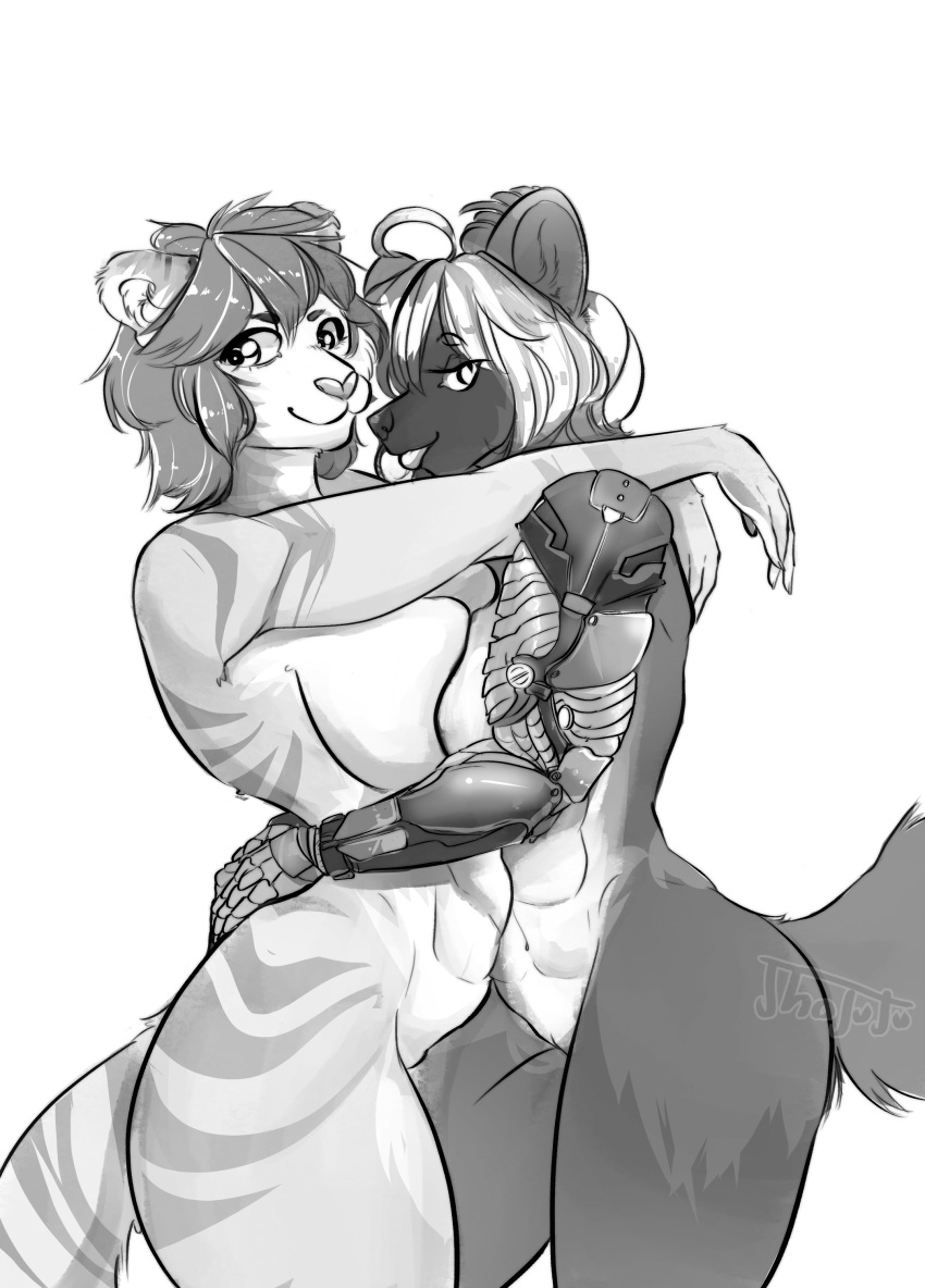 absurd_res anthro ass badger big_breasts big_butt breasts cute_expression cute_eyes digital_media_(artwork) duo felid female female/female fur genitals gulonine hair hi_res humanoid hybrid jhojuju lauren_vanpelt liger lion looking_at_viewer mammal mechanical_arm muscular muscular_female mustelid musteline nude pantherine pinup pose pussy smile striped_body stripes thick_thighs venus_karalis wolverine