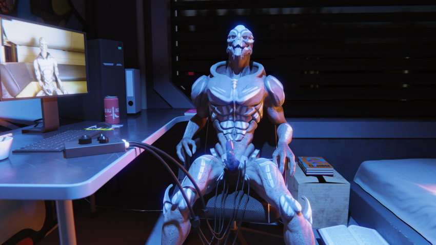 3d_(artwork) absurd_res alien camera controller digital_media_(artwork) duo electricity electrode electrostimulation erection genitals hi_res humanoid looking_pleasured male male/male mass_effect monitor nude penile penis ralic_turman remote_control turian video_games