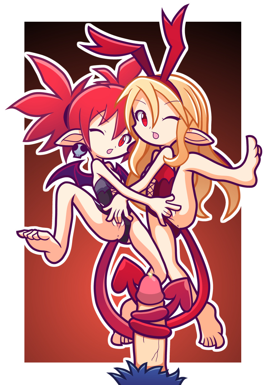 1boy 2girls ass asshole big_penis blonde_hair blue_hair disgaea etna ffm_threesome fingering flonne furii_(artist) laharl laying_down legs_up lingerie nippon_ichi_software pubic_hair pussy pussy_juice puyo_puyo puyo_puyo_artstyle red_eyes red_hair sex small_breasts tail tail_job threesome yuri