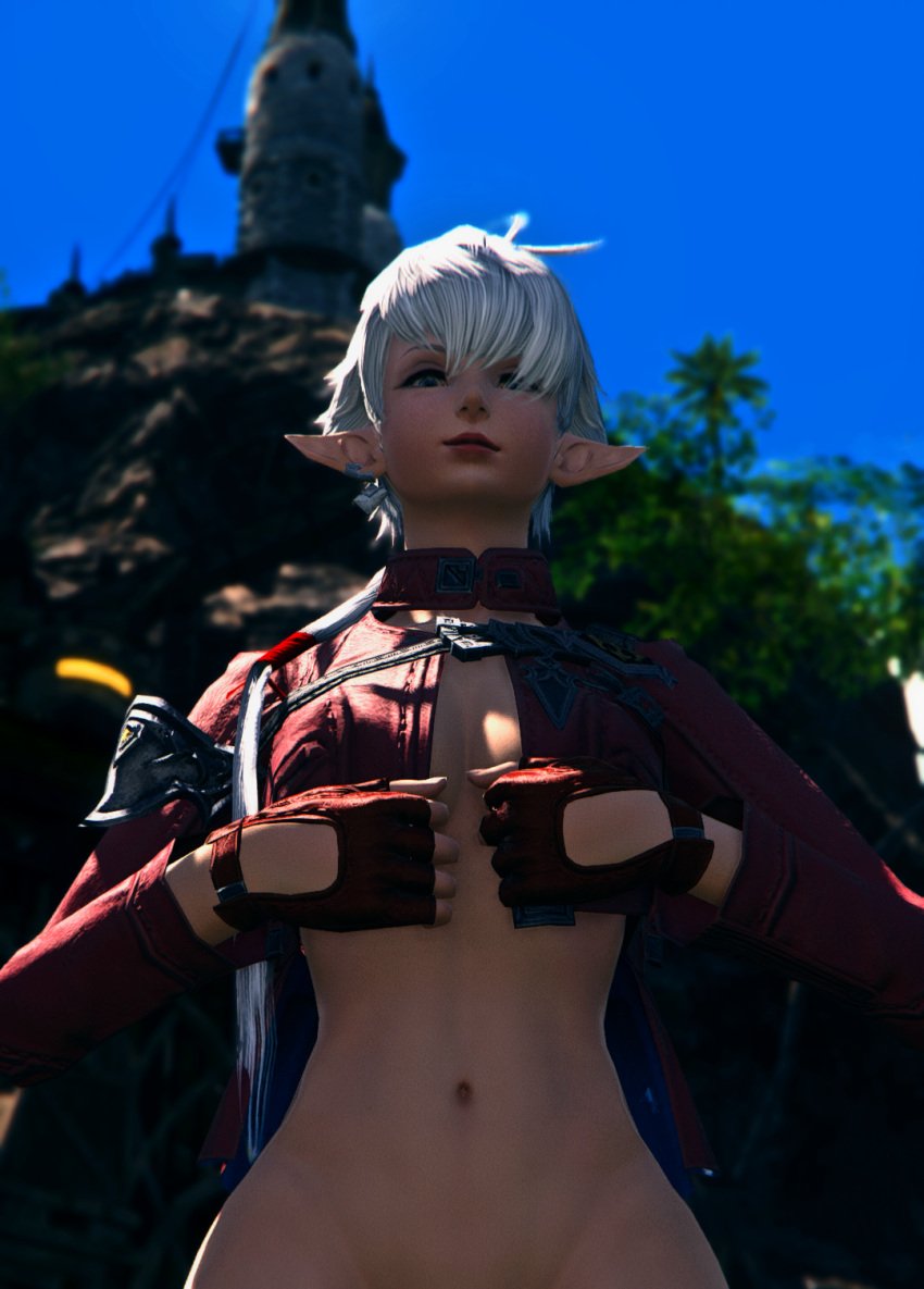 1girls alisaie_leveilleur blue_eyes elezen elf elf_female female female_focus female_only final_fantasy final_fantasy_xiv hips light-skinned_female medium_breasts midriff solo solo_female stomach thick_thighs white_hair wide_hips